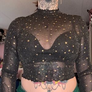 Sheer sparkle star long sleeve cropped top